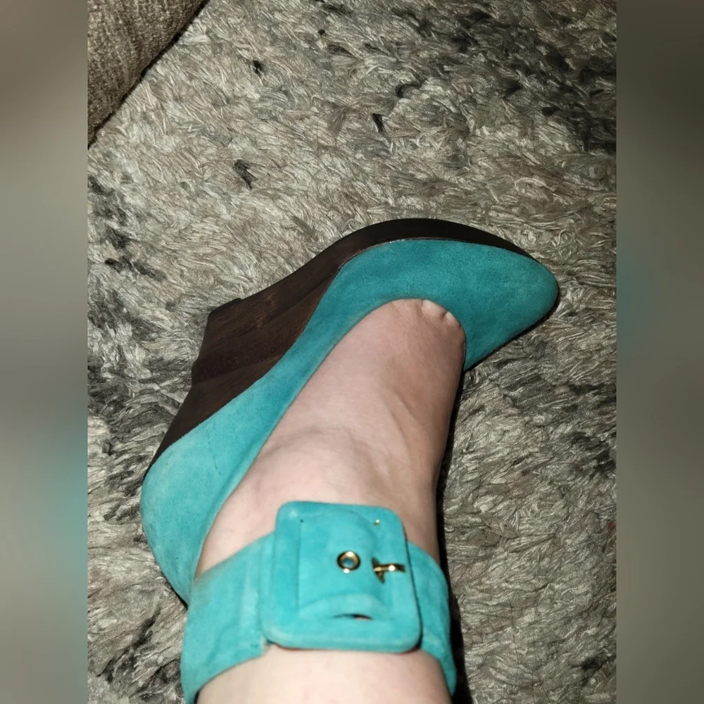Diane Von Furstenberg Teal Suede Wedge Heels Sz 7 - Picture 8 of 9